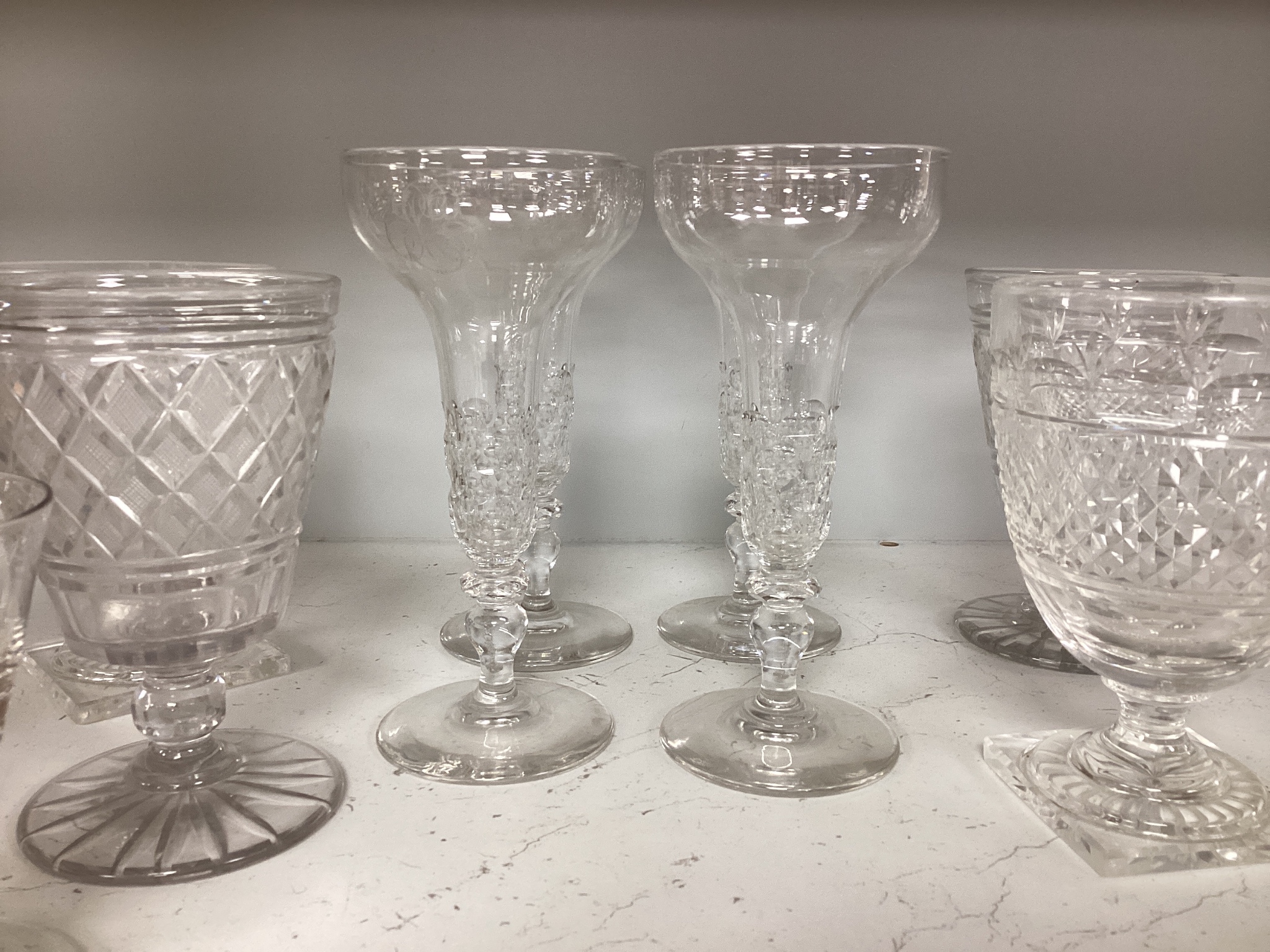 A quantity of assorted 18th / 19th century and later clear drinking glasses including a damaged James Giles gilt decorated opaque twist stem wine glass.